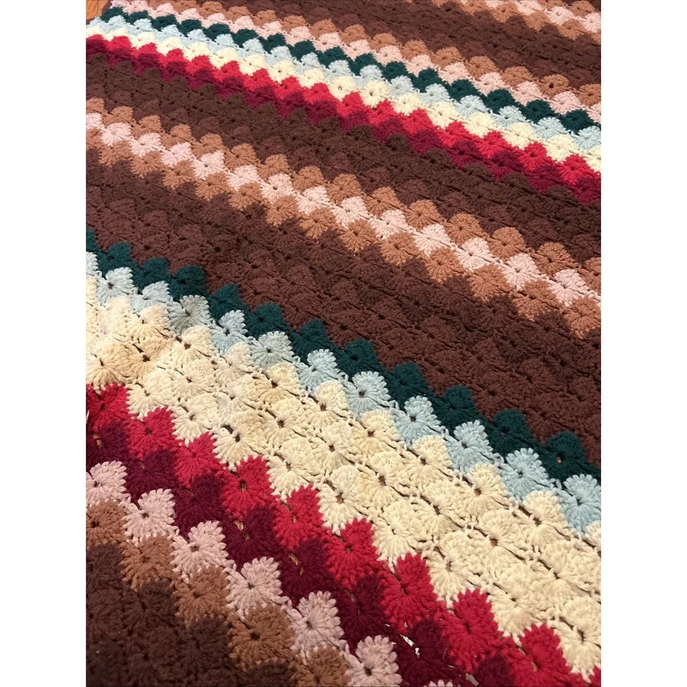 Vtg‎ Multicolor Crocheted Knit Afghan Blanket Couch Throw Rustic Cabincore